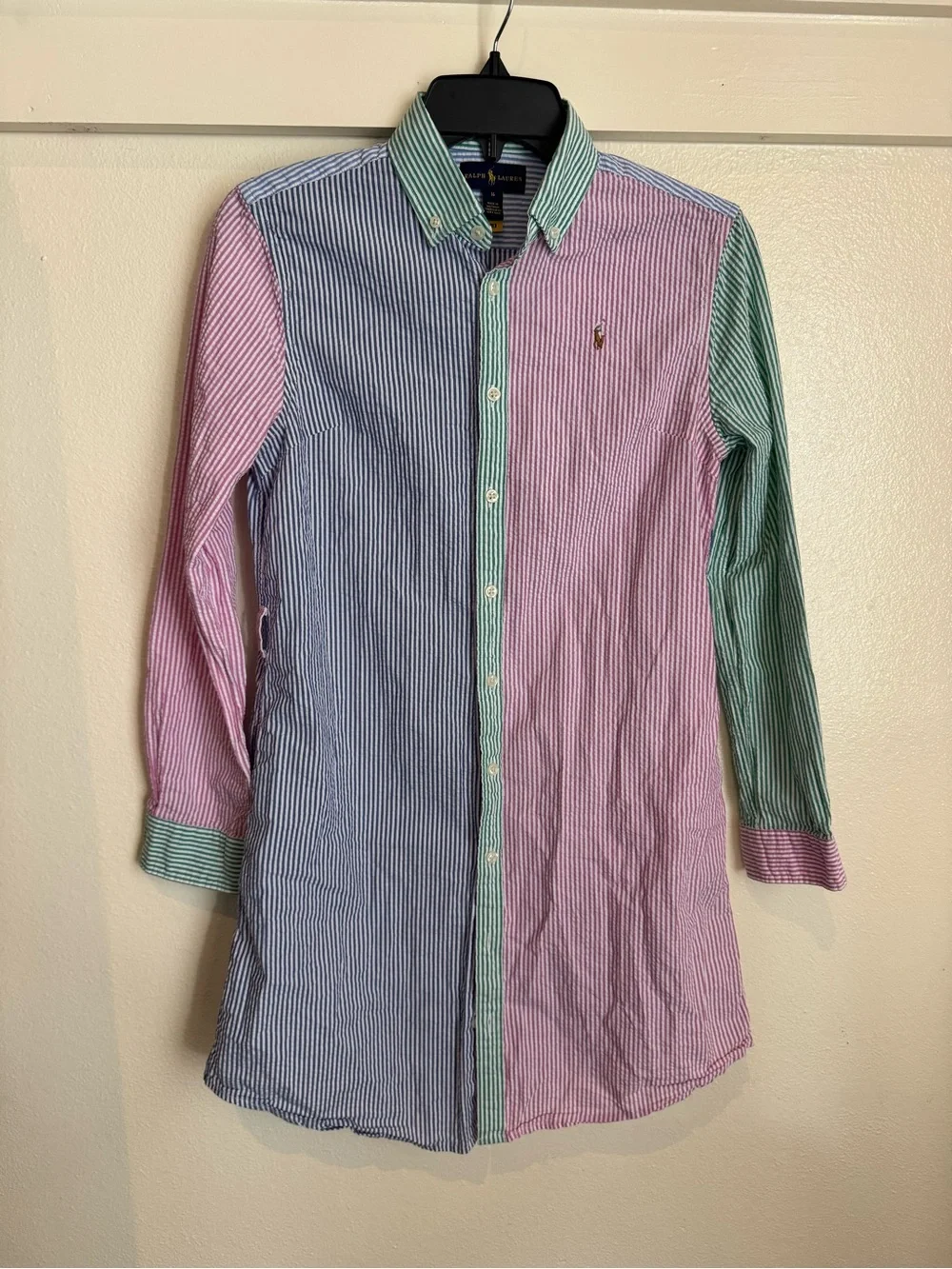 Ralph Lauren Girls Seersucker Shirt Dress Colorblock Stripe Button Front Size 16